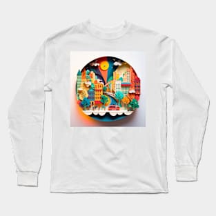 3D Effect Papercut Art - Cityscape Scene Long Sleeve T-Shirt